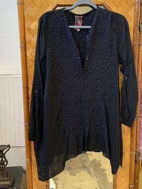 Johnny Was Black Embroidered Long-Sleeve Tunic